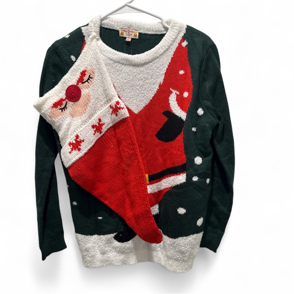 Poof! Santa Ugly Holiday Sweater with Stocking - Red, Green, and White NWT Small